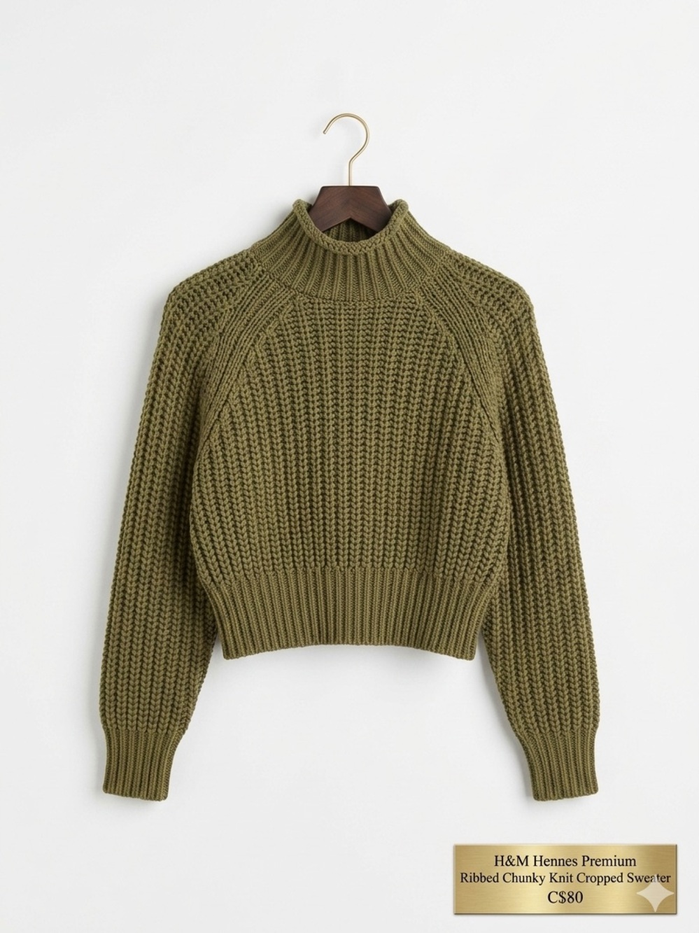 H&M Hennes Premium Ribbed Chunky Knit Cropped Sweater - Olive Green - S